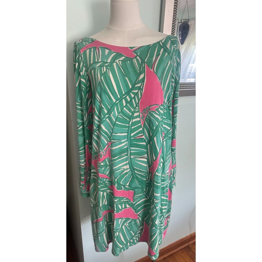 Lilly Pulitzer Ritchie Sheath Dress Let's Go Bananas Palm Leaf Pink Green Size L